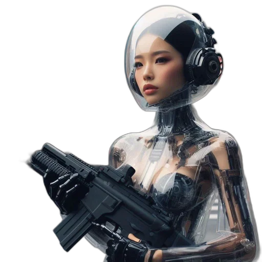 robot, weapon, cyberpunk, concept art, 3d render, pixel art, outer space, futuristic transparent PNG cut-out