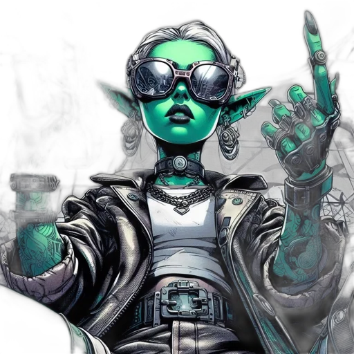 robot, cyberpunk, comic book art, concept art, fantasy art, outer space, green, blue transparent PNG cut-out