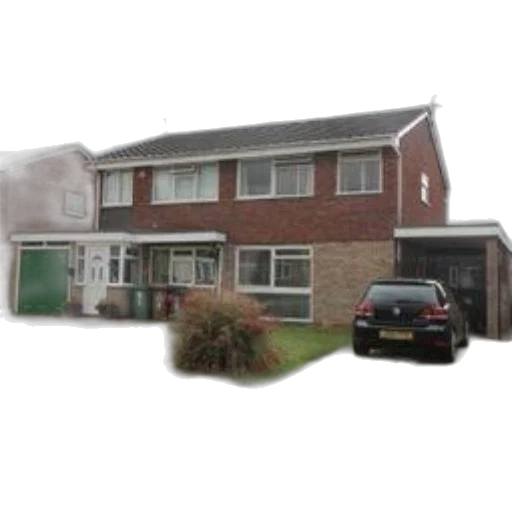3d render, two-story, brick, house, green, garage, door, black transparent PNG cut-out