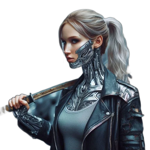 robot, jacket, staff, face, cyberpunk, concept art, fantasy art, comic book art transparent PNG cut-out