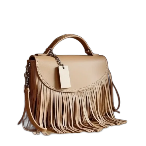 earth tones, beige, handbag, fringed, design, price, tag, hanging transparent PNG cut-out