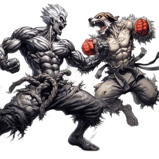 animal, concept art, comic book art, fantasy art, two, animated, fighters, face transparent PNG cut-out