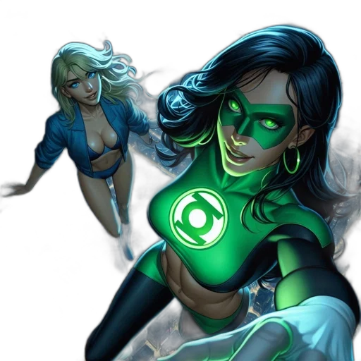 comic book art, concept art, fantasy art, cartoon, neon lights, green, two, female transparent PNG cut-out