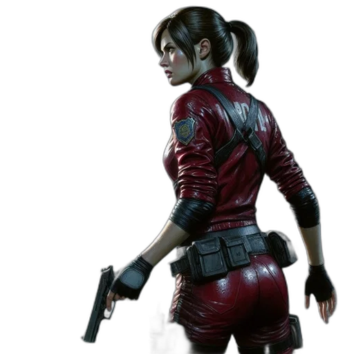 jacket, weapon, concept art, cyberpunk, 3d render, photorealistic, red, policewoman transparent PNG cut-out