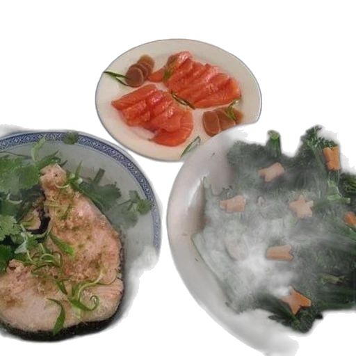 food, photorealistic, 3d render, monochrome, table, plate, salmon, bowl transparent PNG cut-out
