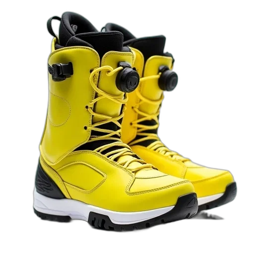 shoes, 3d render, photorealistic, pair, bright, yellow, black, snowboard transparent PNG cut-out