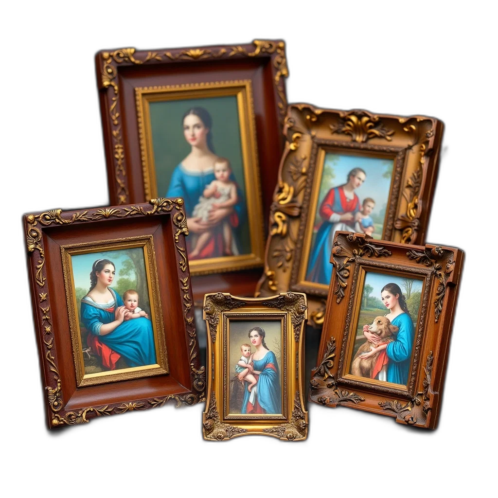 jewelry, oil painting, photorealistic, 3d render, collection, five, wooden, picture transparent PNG cut-out