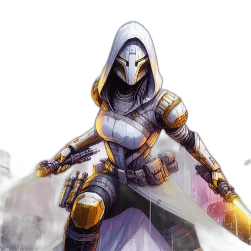 sword, weapon, robot, jacket, concept art, fantasy art, comic book art, cyberpunk transparent PNG cut-out