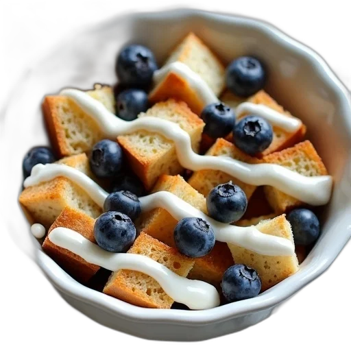 food, close-up, view, dish, filled, cubed, bread, blueberries transparent PNG cut-out