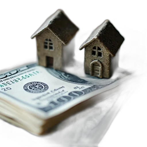 close-up, stack, dollar, bills, two, miniature, houses, top transparent PNG cut-out