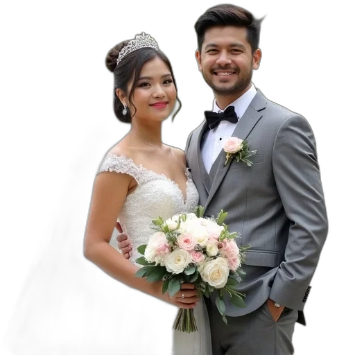 crown, dress, photorealistic, newlywed, couple, posing, wedding, photo transparent PNG cut-out