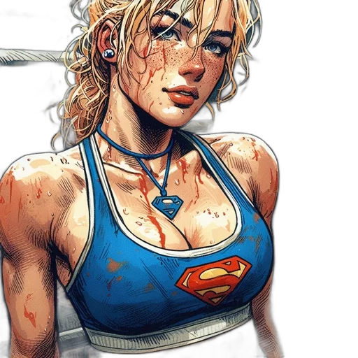 comic book art, concept art, fantasy art, pixel art, blond-haired, sweaty, woman, bloodied transparent PNG cut-out