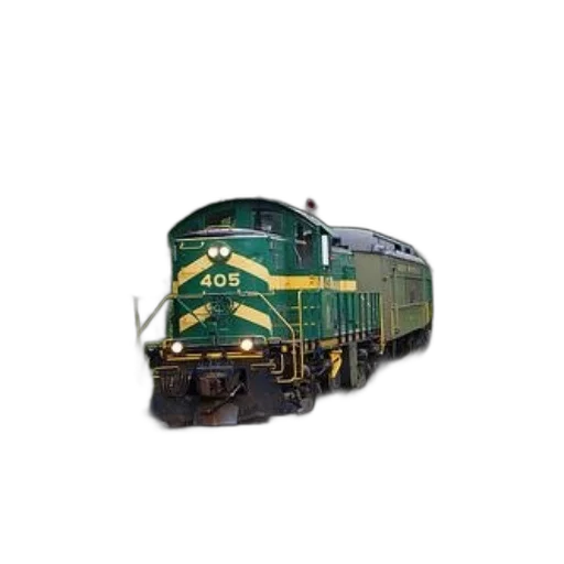 photorealistic, 3d render, green, yellow, train, numbered, 405, travels transparent PNG cut-out