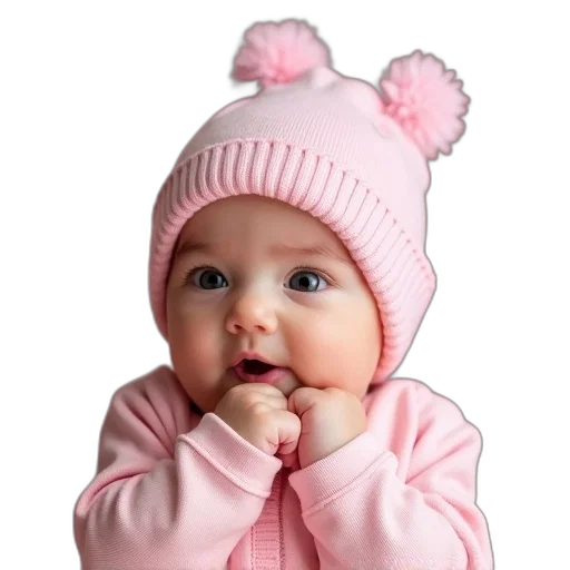 hat, face, mask, jewelry, photorealistic, 3d render, pink, infant transparent PNG cut-out