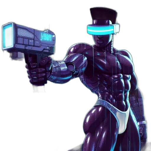 robot, staff, weapon, cyberpunk, concept art, vaporwave, pixel art, neon lights transparent PNG cut-out