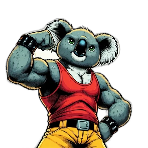 staff, animal, comic book art, concept art, cartoon, muscular, anthropomorphic, koala transparent PNG cut-out