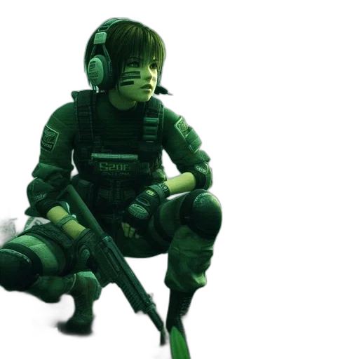 weapon, robot, 3d render, concept art, cyberpunk, pixel art, green, female transparent PNG cut-out