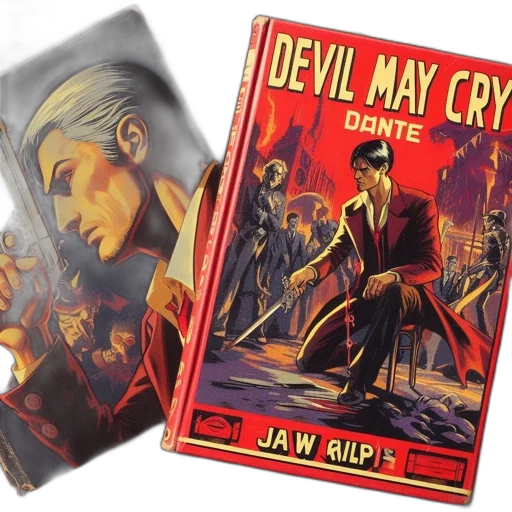 comic book art, two, identical, titles, devil, may, cry, depicted transparent PNG cut-out