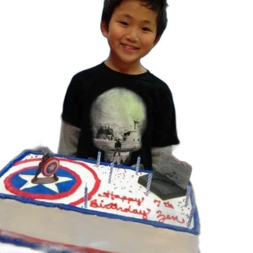 boy, stands, behind, captain, america-themed, birthday, cake transparent PNG cut-out