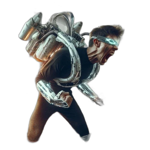 jacket, staff, weapon, robot, concept art, 3d render, comic book art, fantasy art transparent PNG cut-out