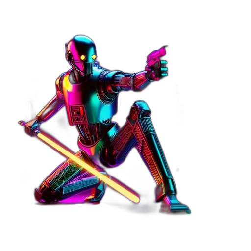 robot, weapon, sword, staff, 3d render, concept art, cyberpunk, vaporwave transparent PNG cut-out