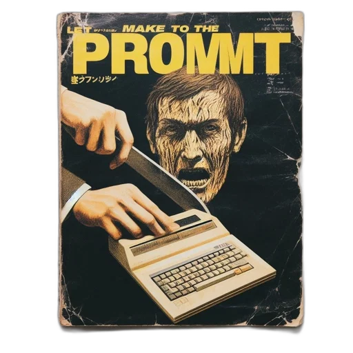 robot, cyberpunk, prommt, magazine, cover, displays, distressed, patterned-faced transparent PNG cut-out