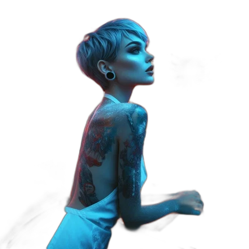 dress, jewelry, concept art, photorealistic, fantasy art, cyberpunk, neon lights, blue transparent PNG cut-out
