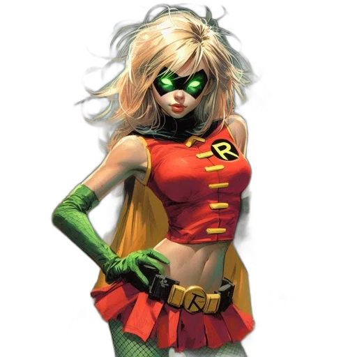 comic book art, concept art, fantasy art, cartoon, figure, resembling, superheroine, stands transparent PNG cut-out
