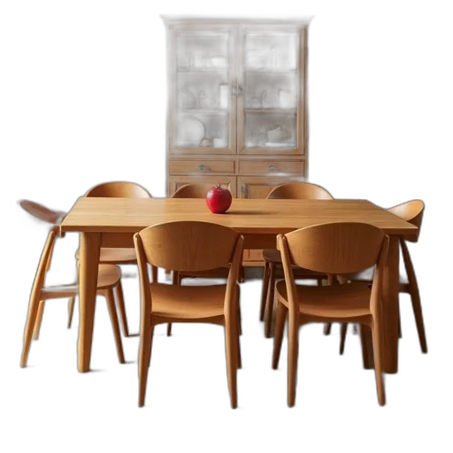 furniture, 3d render, earth tones, wooden, dining, table, set, six transparent PNG cut-out