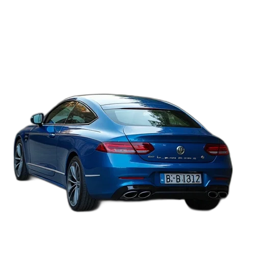 car, photorealistic, 3d render, blue, parked, steep, hill, rear transparent PNG cut-out