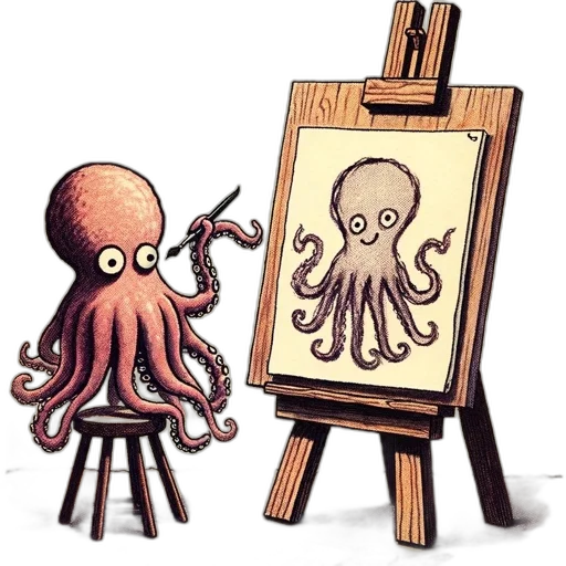 creature, concept art, watercolor, photorealistic, pixel art, octopus, paints, self-portrait transparent PNG cut-out
