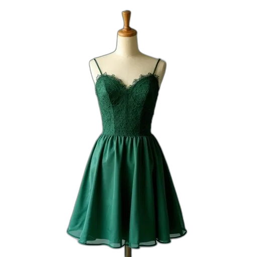 dress, green, mannequin, displays, fitted, bodice, flared, skirt transparent PNG cut-out