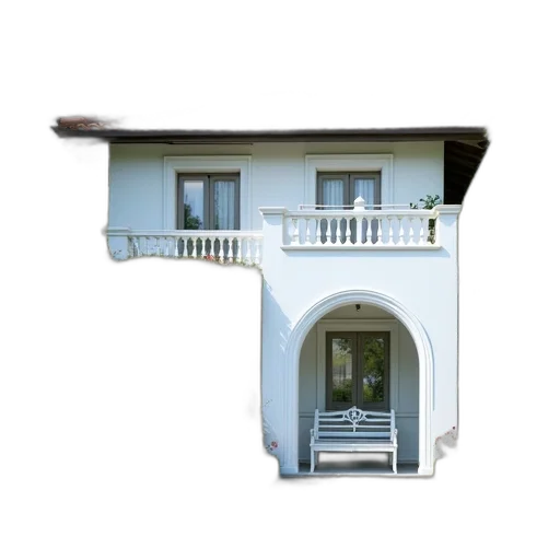 building, umbrella, furniture, staff, 3d render, photorealistic, white, two-story transparent PNG cut-out