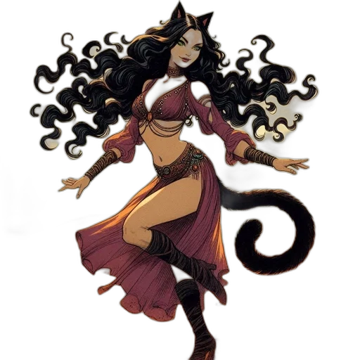 fantasy art, concept art, comic book art, pixel art, feline-like, female, character, striking transparent PNG cut-out