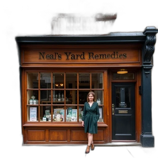 photorealistic, city street, woman, standing, front, store, sign, reads transparent PNG cut-out