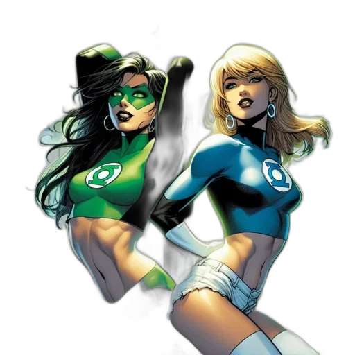 comic book art, concept art, cartoon, fantasy art, green, two, female, superheroes transparent PNG cut-out