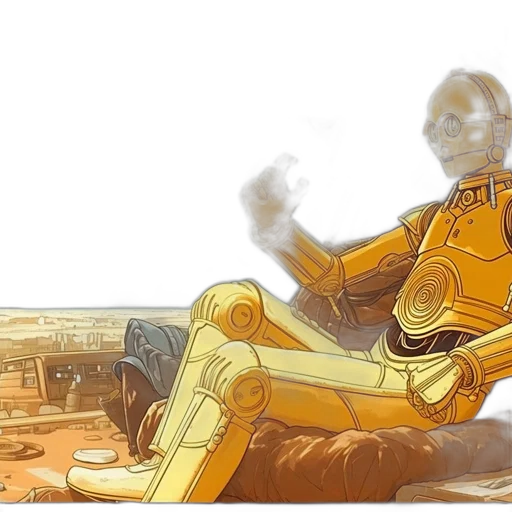robot, concept art, comic book art, watercolor, outer space, fire, underwater, golden transparent PNG cut-out