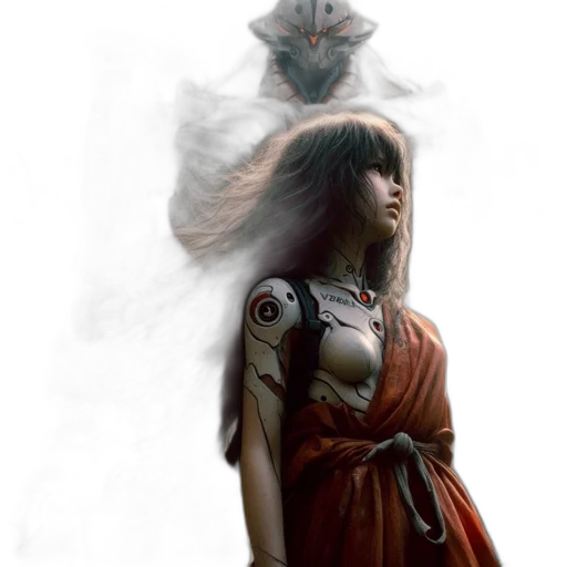 fantasy art, concept art, photorealistic, comic book art, fog, fire, woman, tech transparent PNG cut-out