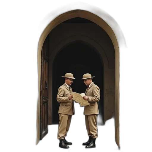 staff, hat, building, concept art, 3d render, photorealistic, city street, fog transparent PNG cut-out