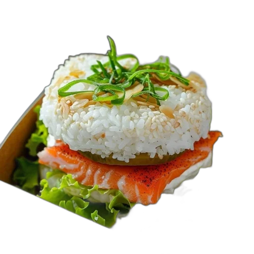 food, photorealistic, rice, burger, salmon, lettuce, almonds, green transparent PNG cut-out