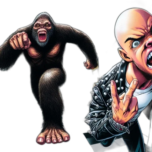 concept art, comic book art, hall, checkered, floor, aggressive, ape, confronts transparent PNG cut-out