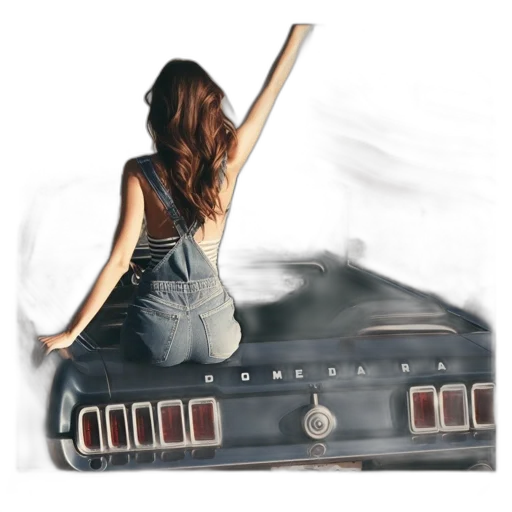 car, dress, concept art, photorealistic, oil painting, watercolor, woman, holds transparent PNG cut-out