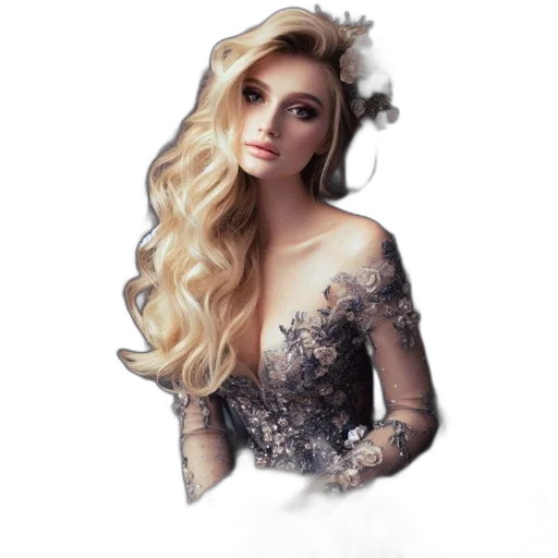 dress, crown, hair, jewelry, fantasy art, photorealistic, concept art, 3d render transparent PNG cut-out