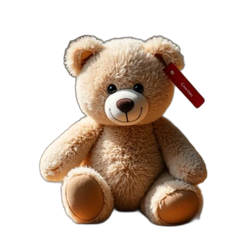 staff, photorealistic, 3d render, plush, teddy, bear, red, tag transparent PNG cut-out