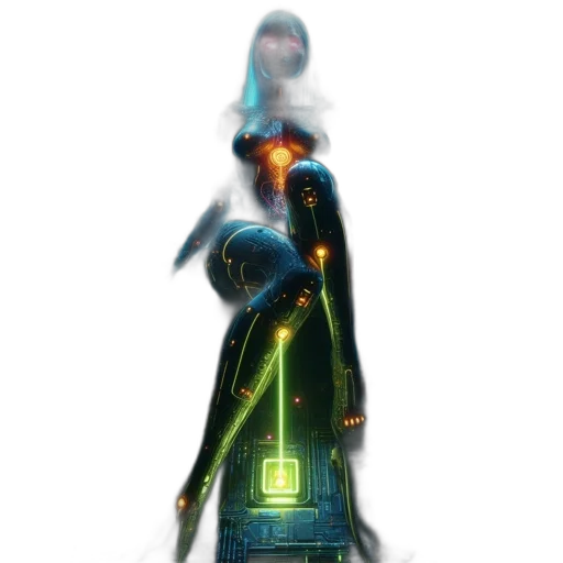 dress, staff, robot, sword, concept art, fantasy art, pixel art, cyberpunk transparent PNG cut-out