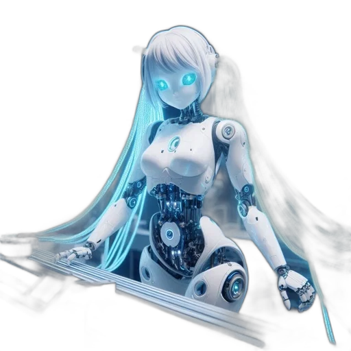 robot, dress, concept art, 3d render, cyberpunk, fantasy art, blue, monochrome transparent PNG cut-out