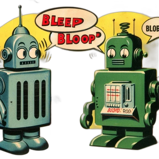 robot, concept art, comic book art, two, anthropomorphic, robots, engage, conversation transparent PNG cut-out