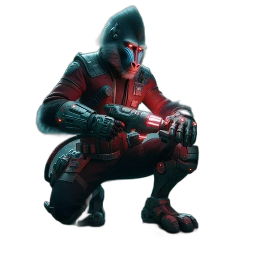 robot, jacket, mask, weapon, concept art, cyberpunk, 3d render, pixel art transparent PNG cut-out