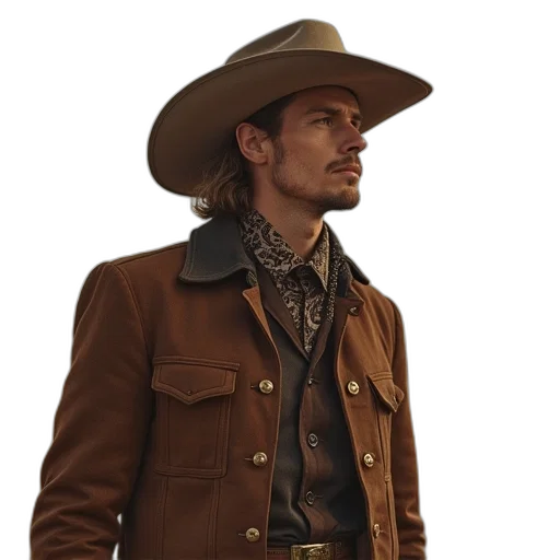 jacket, hat, staff, photorealistic, concept art, earth tones, famous, cowboy transparent PNG cut-out