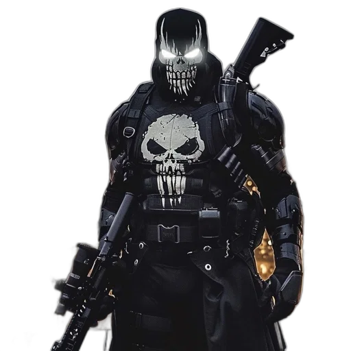 weapon, mask, concept art, comic book art, cyberpunk, 3d render, figure, skull-emblazoned transparent PNG cut-out